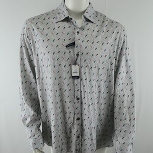 johnnie-O Featherweight Button Up Shirt Mens XL Gray Feather Print Cotton‎